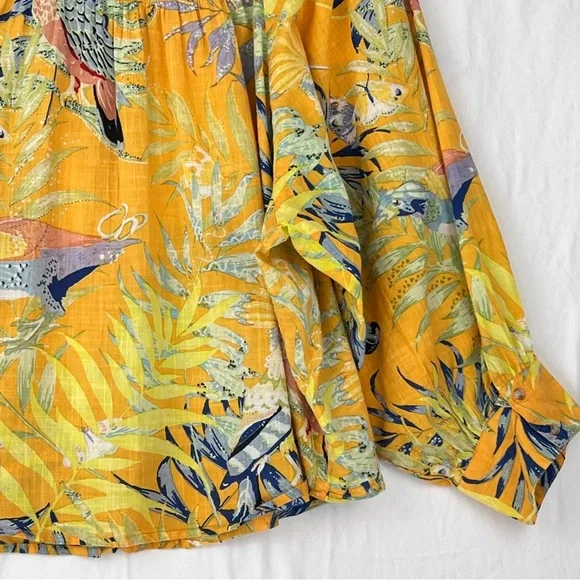 Anthropologie Maeve Yellow Tropical Floral Bird Top Sz L Relaxed Cotton Button - Picture 9 of 14